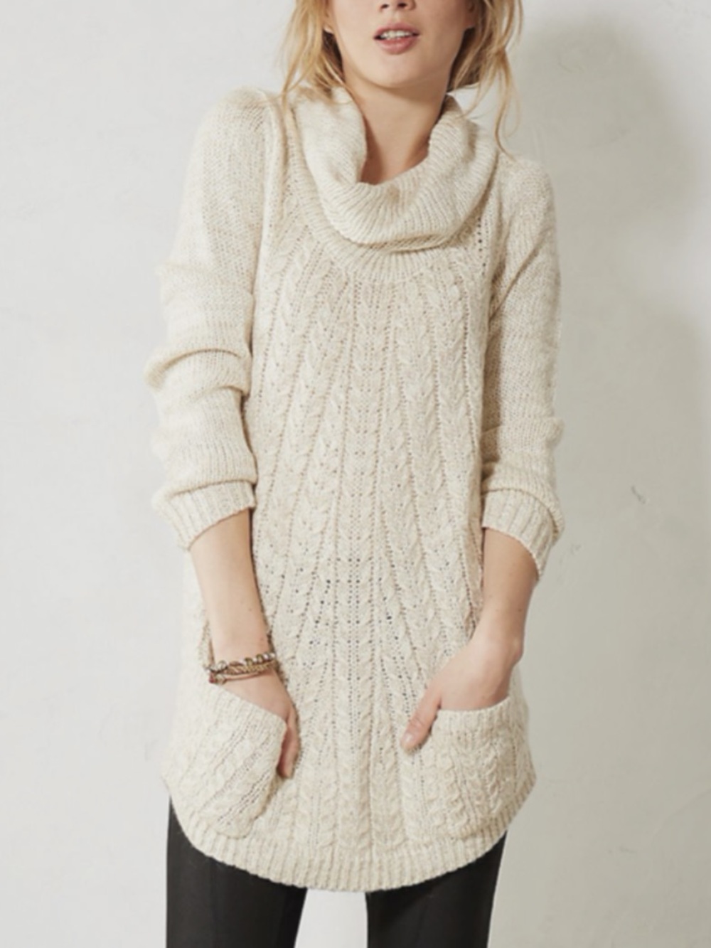 Anthropologie Guinevere Cozy Cable-Knit Cowl Neck Sweater Tunic - Cream